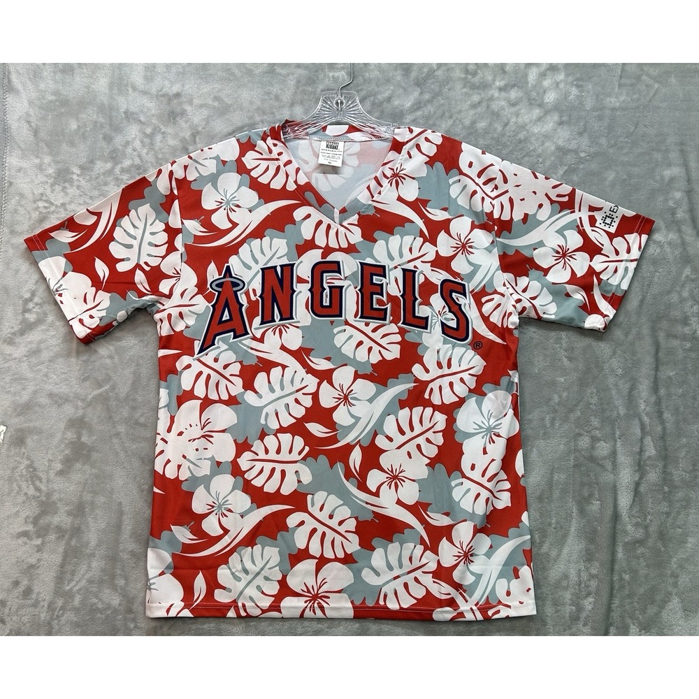 MLB LOS ANGELES ANGELS RED WHITE Floral AOP HAWAIIAN PRINT V-NECK SHIRT MEN'S XL